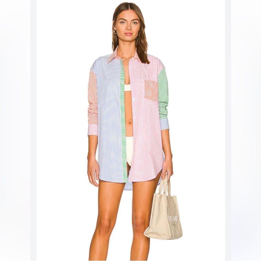 Beach lunch lounge Striped Tunic in Multi Colorblock Mix striped buttondown